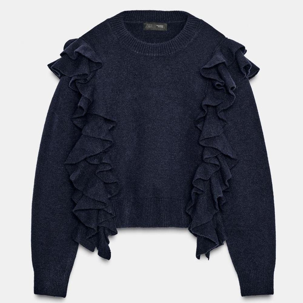 Zara Ruffled Knit Jumper Dark Navy Blue – Women’s Sweater Small NWT